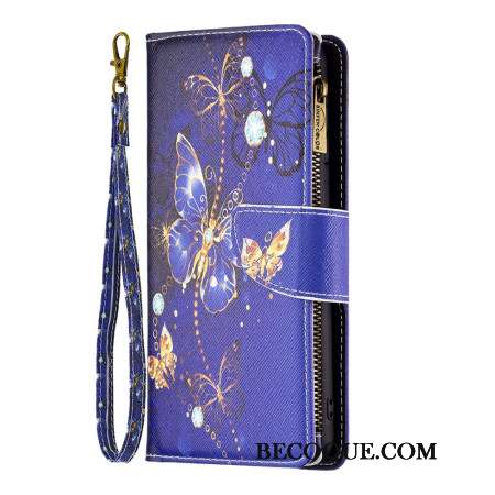 Housse Samsung Galaxy S24 5G Portefeuille Papillons Violets à Lanière