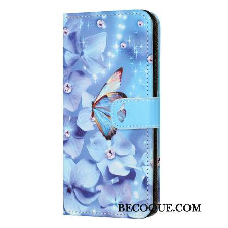 Housse Samsung Galaxy S24 FE Fleurs et Papillons Bleus à Lanière