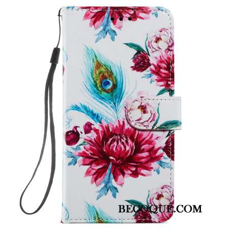 Housse Samsung Galaxy S24 Plus 5G Motif de Fleurs de Paon à Lanière