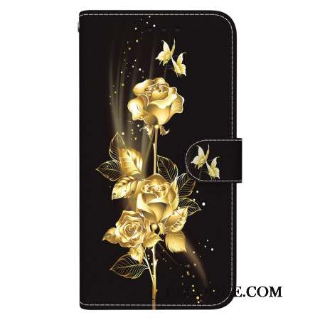 Housse Samsung Galaxy S24 Plus 5G Papillons Dorés et Rose à Lanière