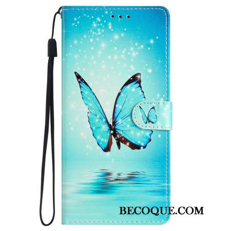 Housse Samsung Galaxy S24 Plus Papillon Bleu en Vol à Lanière