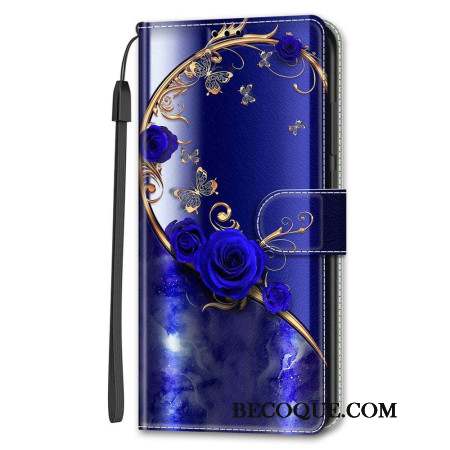 Housse Samsung Galaxy S24 Ultra 5G Rose Bleue et Papillons Dorés à Lanière