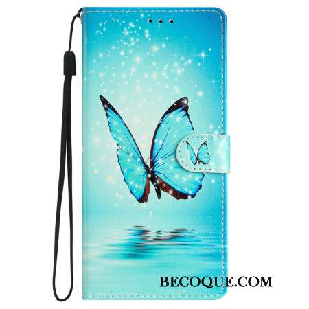 Housse iPhone 16 Papillon Bleu à Lanière