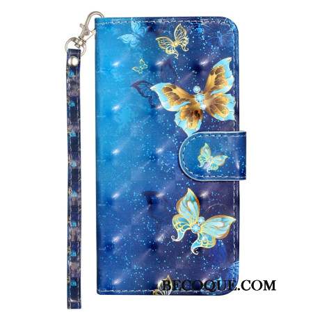 Housse iPhone 16 Papillons Bleus et Dorés à Lanière