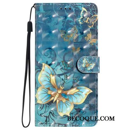 Housse iPhone 16 Plus Papillons Dorés et Verts à Lanière