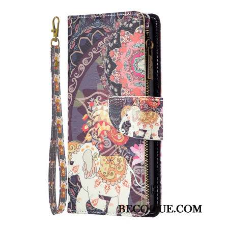 Housse iPhone 16 Plus Portefeuille Éléphant Tribal à Lanière