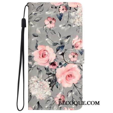 Housse iPhone 16 Pro Fleurs Roses sur Fond Gris à Lanière