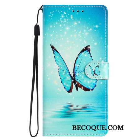 Housse iPhone 16 Pro Max Papillon Bleu sur l'Eau à Lanière